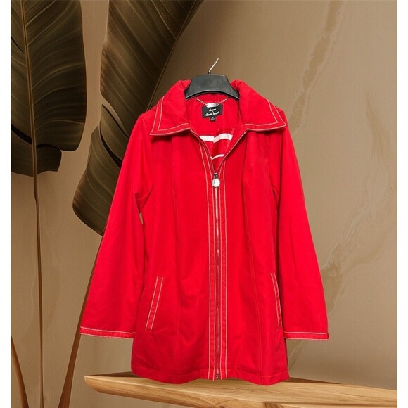 Red Dennis Basso Women's Zipper Front Lined Coat Removable Hood Jacket Size Med - Picture 1 of 11